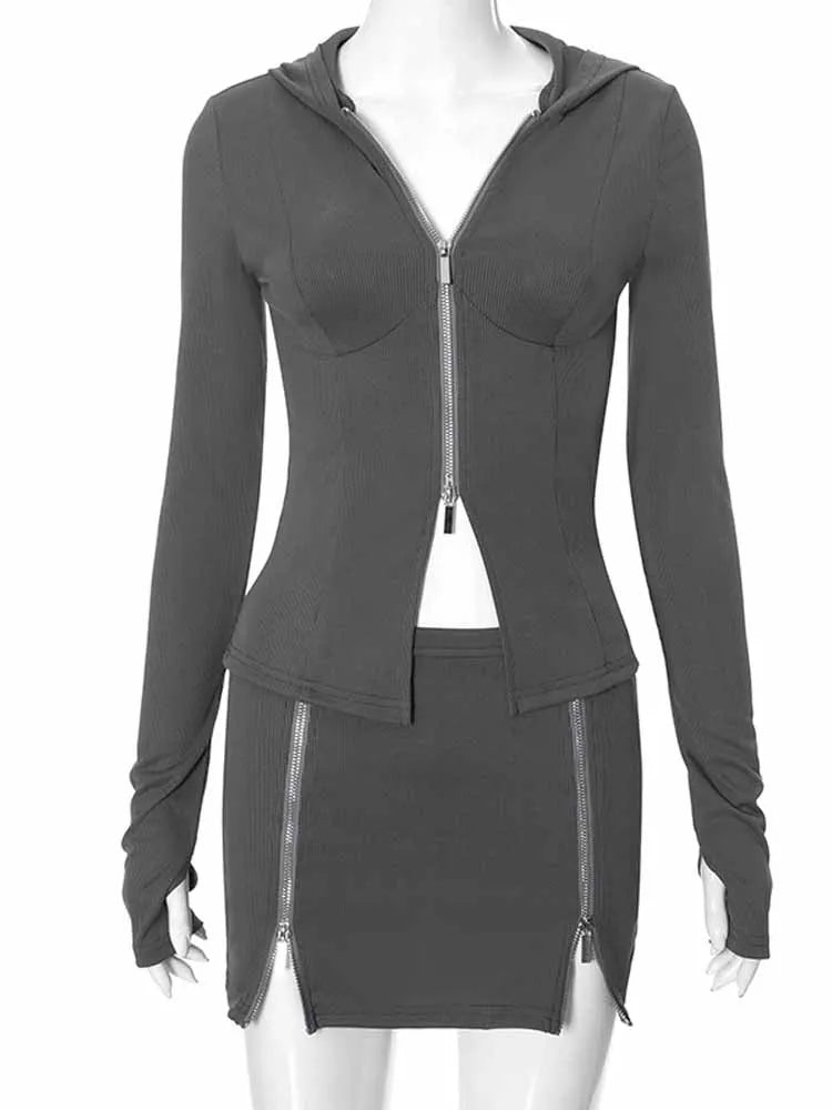 BKQU Stretch Women Tracksuit 2 Piece Set Ribber Zipper Long Sleeve Hoodie+Wrap Hip Split Mini Skirts Outfits Female Streetwear