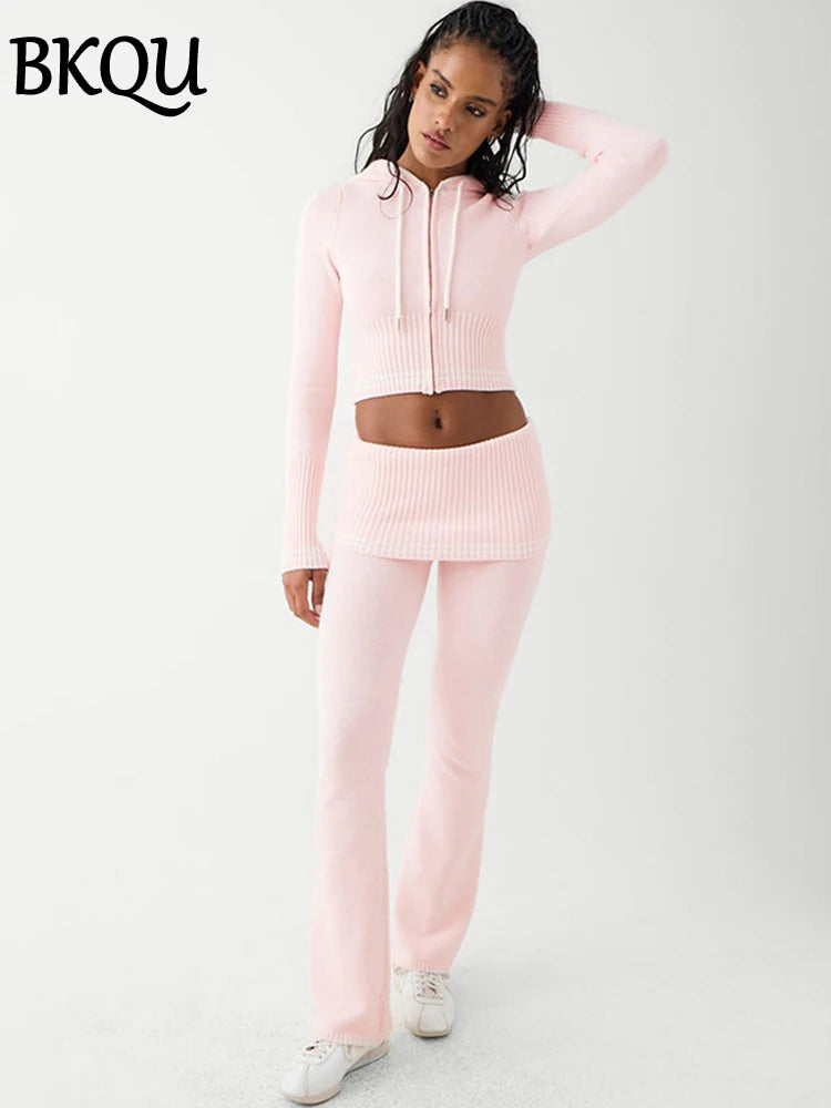 BKQU Knitted Two Piece Sets Women Tracksuit Long Sleeve Zipper Hooded Sweater Cardigan Skinny Pants Casual Warm Matching Outfit