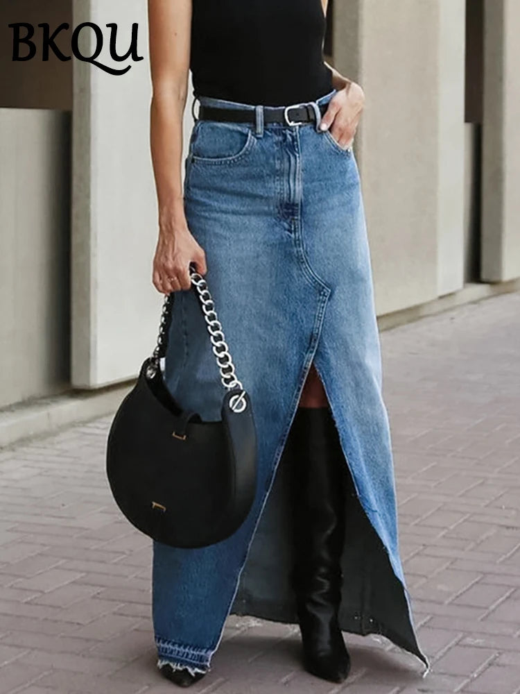 BKQU Split Denim Skirts For Women 2024 Autumn Blue High Waist Wrap Hips Office Lady Long Skirt Elegant Streetwear Wholesale