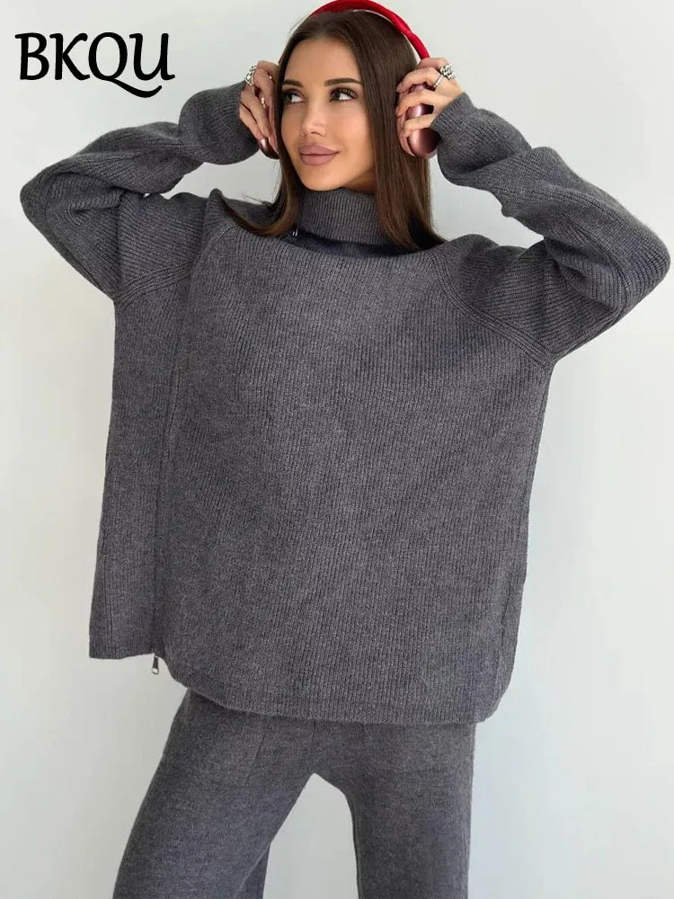 BKQU Turtleneck Zipper Sweater Knitted Pants Two Piece Set Women Autumn Winter Casual Warm Pullover Elastic Wide Leg Tracksuits