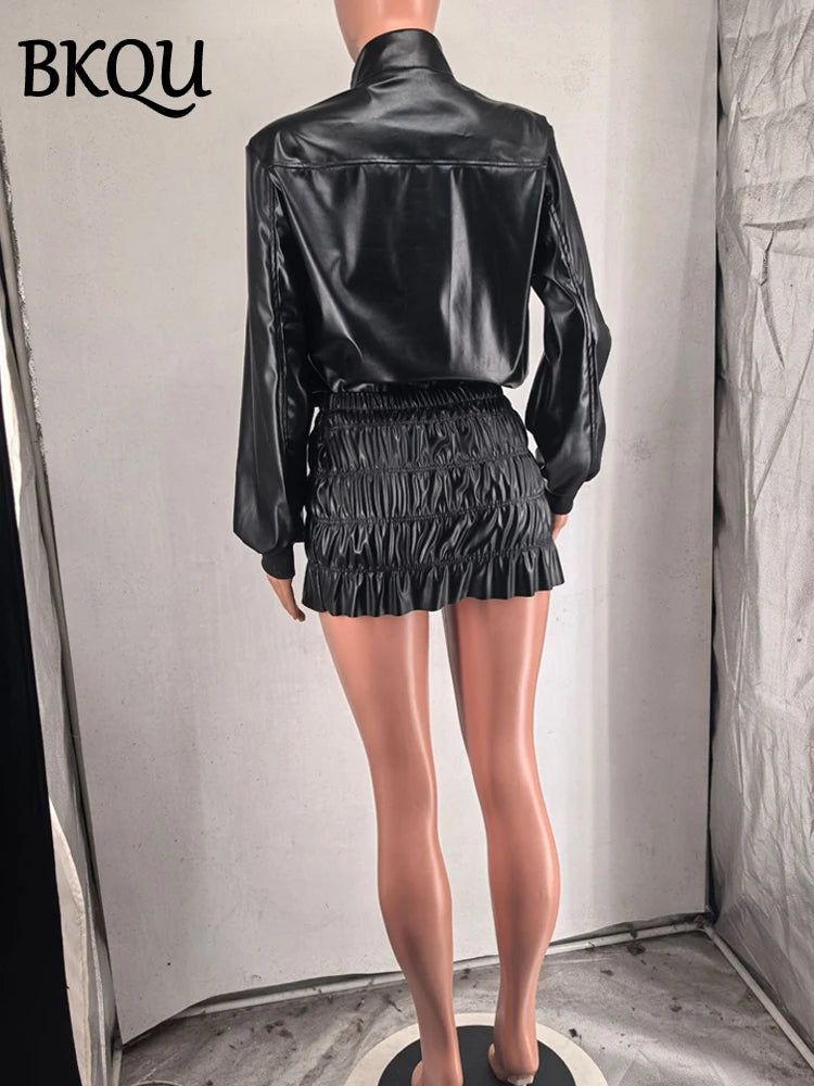 BKQU Fashion Leather Women Two Piece Set Long Sleeve Zipper Jacket Hip Package Ruched Mini Skirt Female Suit 2024 Streetwear