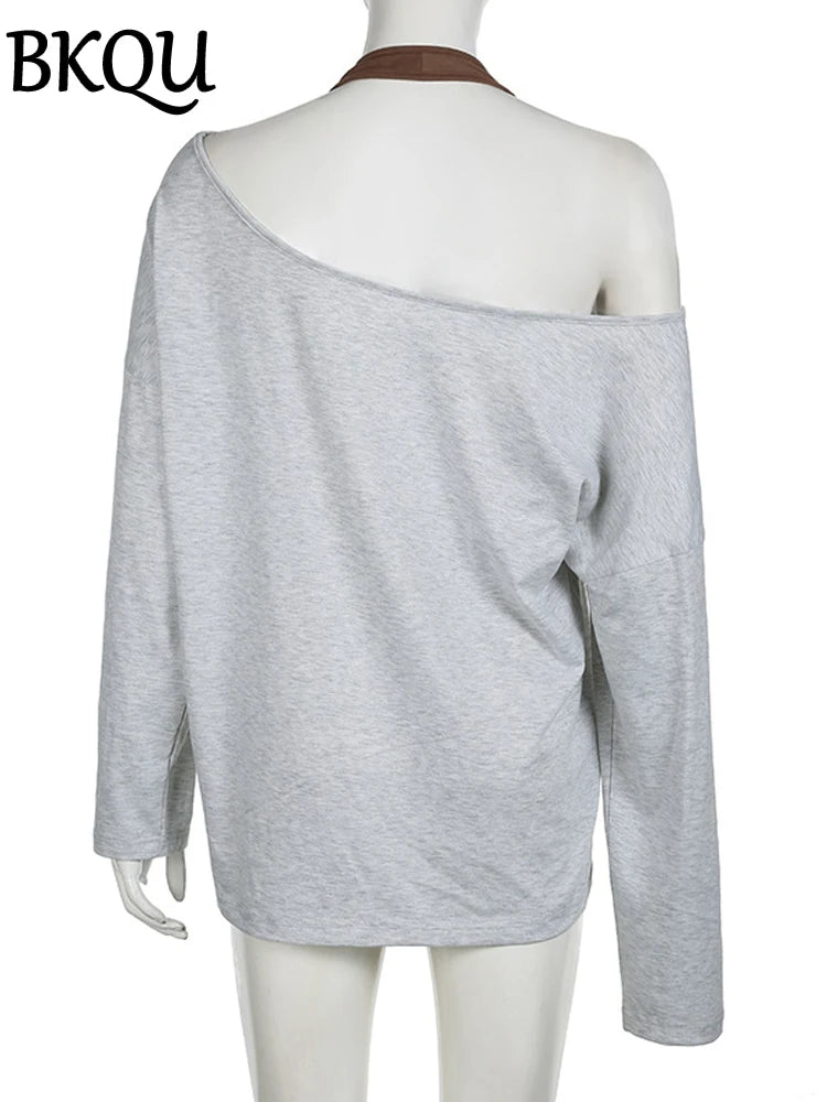 BKQU Graphic Print T-shirt Women Fake Two Pieces Long Sleeve Y2k Aesthetic Retro Tees Fashion Sexy Off Shoulder Loose Tops 2024