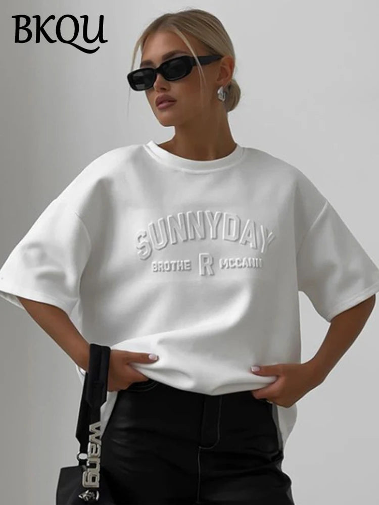 BKQU Rhinestone Loose T-Shirts Women 2024 Irregular Short Sleeve O-neck Fashion Tees Pullovers Hot Diamond Female Y2K Streetwear