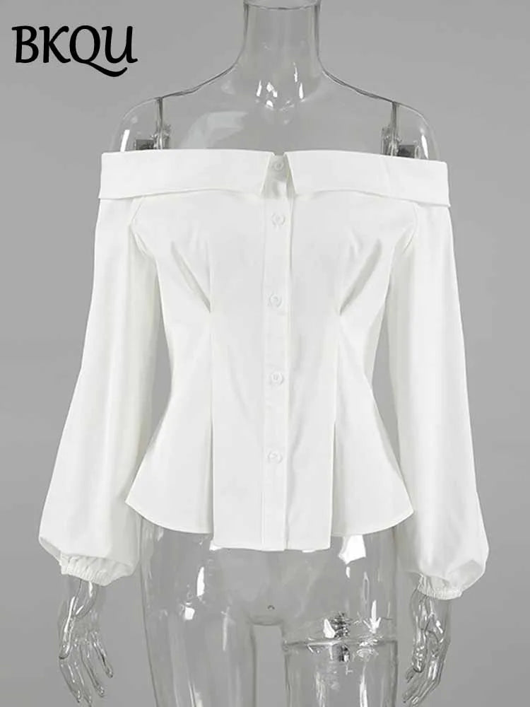 BKQU Elegant Off Shoulder Women Lantern Sleeve Shirt Tops White Slim Single Breasted Ruched French Blouse 2025 Spring Streetwear