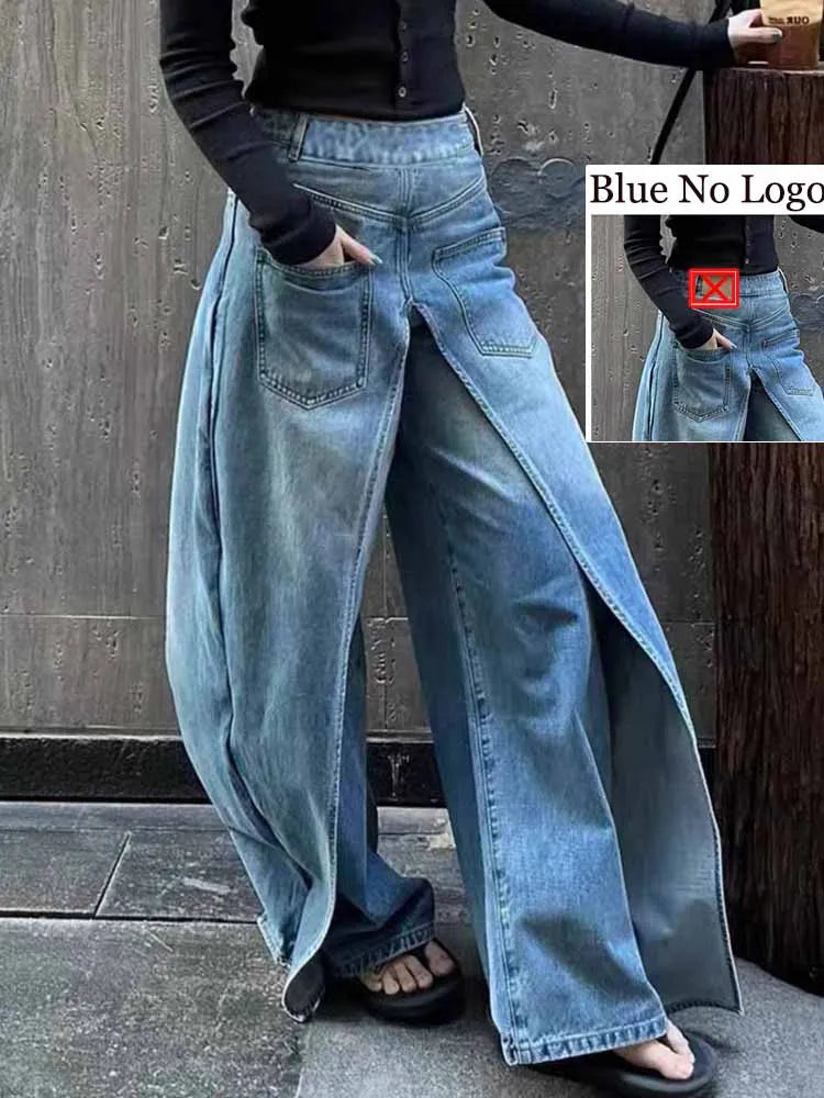 BKQU Spliced Design Jeans Women Hip Hop Baggy Wide Leg Denim Pants Trendy Vintage High Waist Fake Two-piece Jeans Trousers Y2K