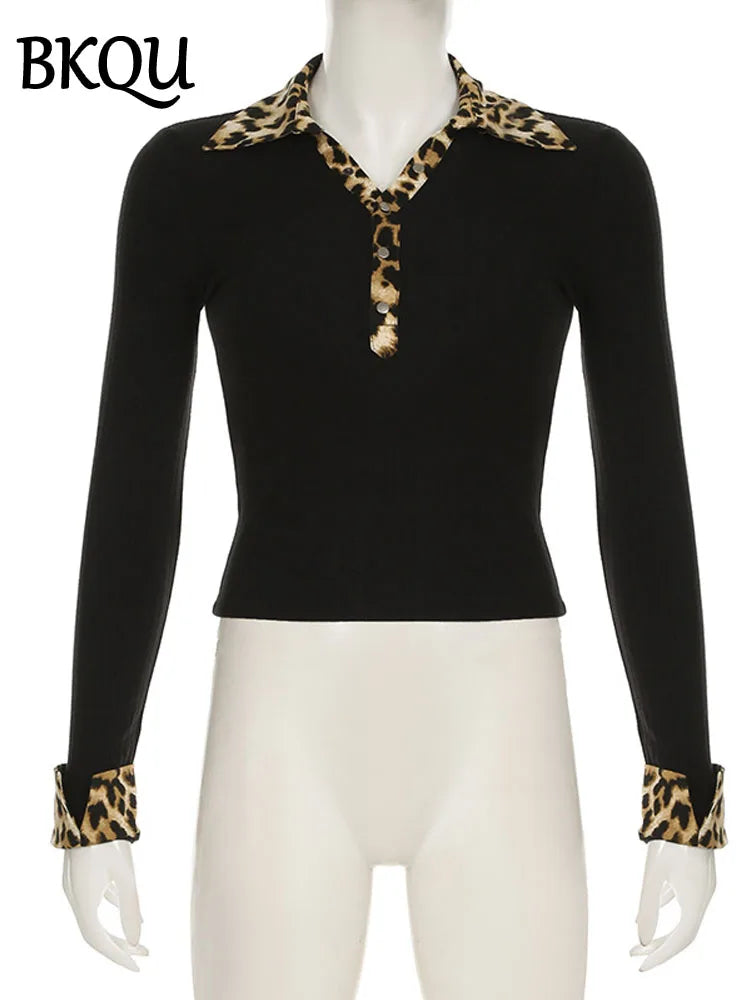 BKQU Leopard Patchwork V Neck Knitted Top Women Autumn Winter Long Sleeve Buttons Slim Crop T-shirt Aesthetic Y2k Streetwear