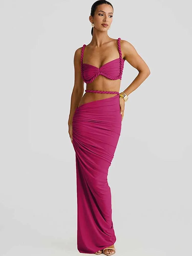 BKQU Summer Beach Ruched 2 Piece Set Women Sexy Square Collar Bra Crop Camisoles+Hollow Out Maxi Skirts Female Vacation Outfits