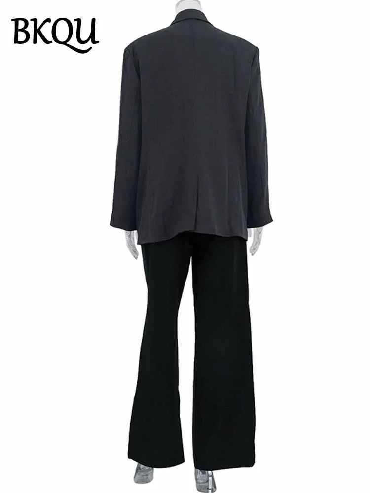 BKQU Patchwork Blazer 2 Piece Sets Women Fashion Long Sleeve Button Jacket High Waist Pocket Wide Leg Pants Office Lady Suits