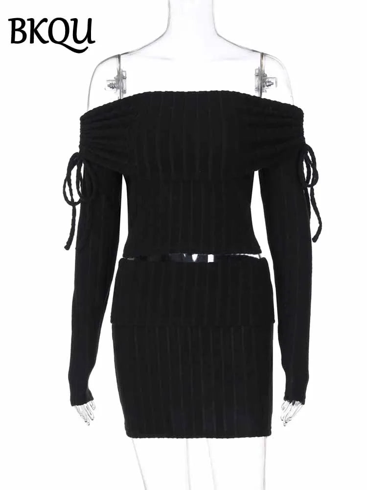 BKQU Sexy Off Shoulder 2 Piece Women Skirt Set Lace Up Long Sleeve Crop Top+Bodycon Mini Skirts Outfit Ladies Elegant Club Party