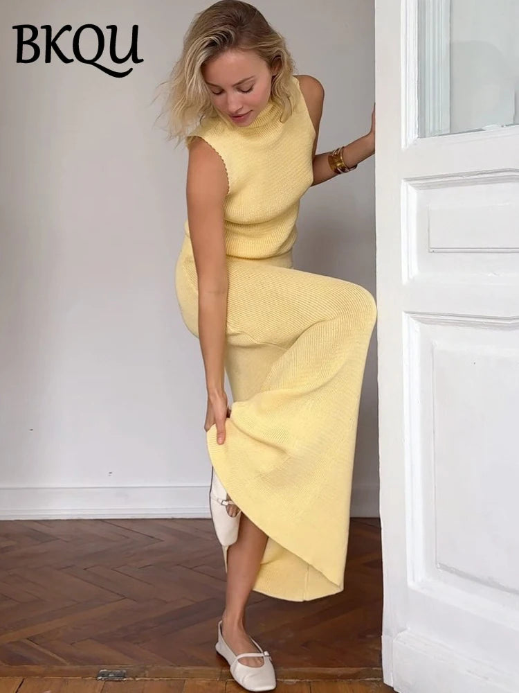 Summer Knitted Skirt Two Piece Sets Women Turtleneck Sleeveless Tank Tops Slim Elastic Waist Long Skirt Elegant Office Lady Suit