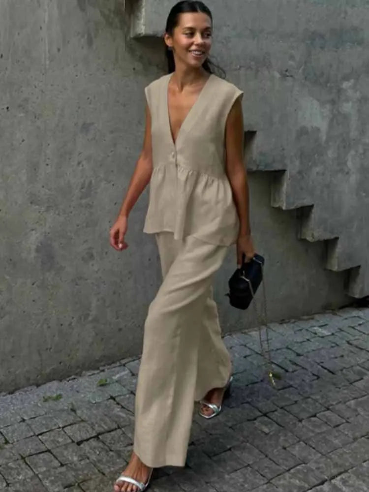 BKQU Fashion Pink Cotton Linen 2 Piece Set Women Summer V-Neck Sleeveless Tank Top High Waist Casual Wide Leg Pants Suits 2025