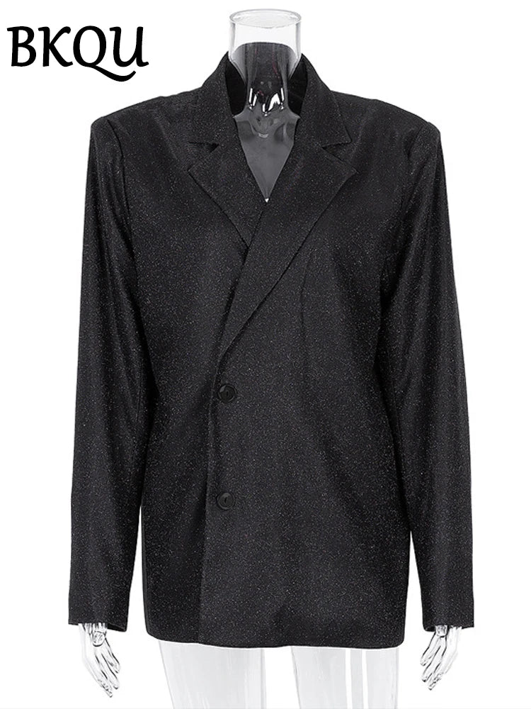 BKQU Shiny Silver Pants Set Women Party Club Blazer Two Piece Luxury Sets Femme Straight Pants and Glitter Blazers Matching Suit