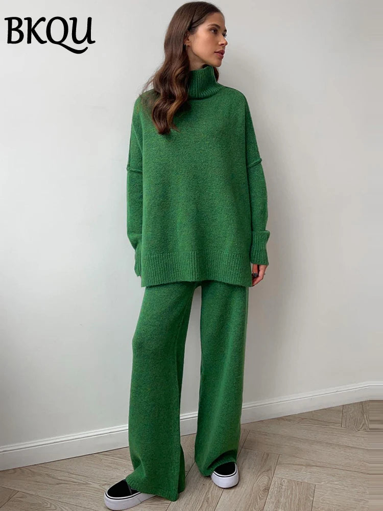 BKQU Turtleneck Sweater Knitted Pants Suits Women Autumn Winter Loose Casual Split Top And Wide Leg Trousers Warm Two Piece Set