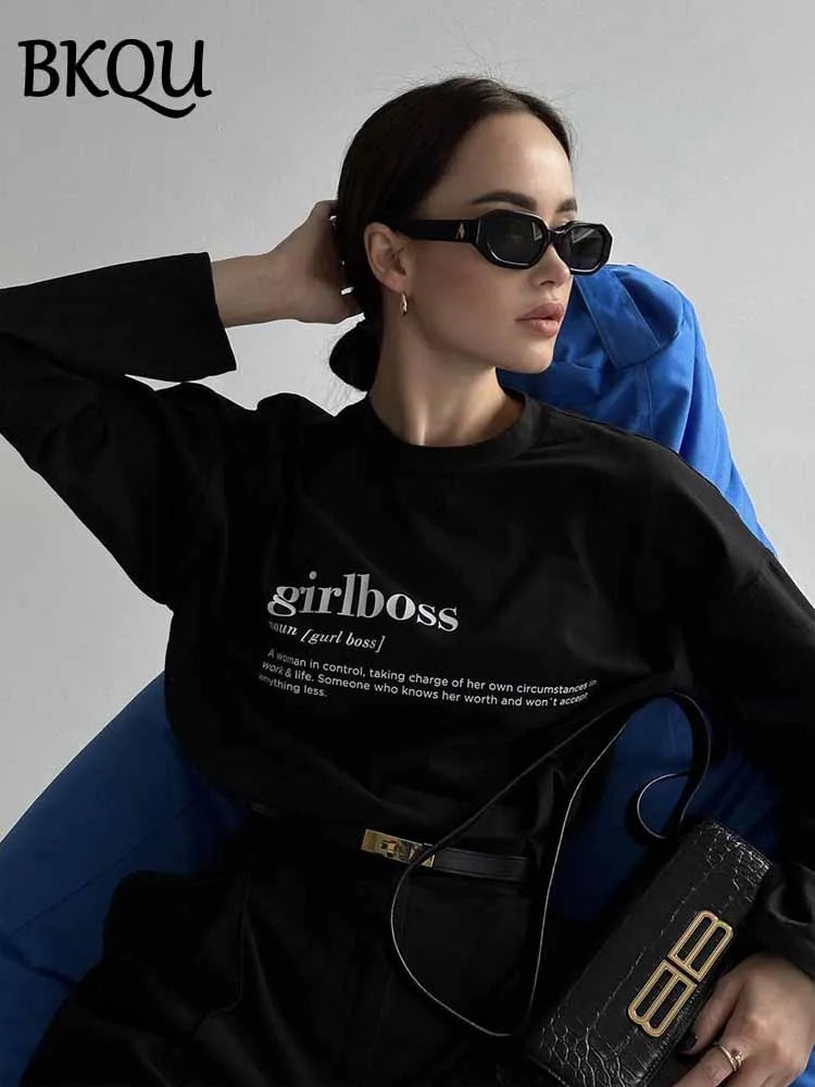 BKQU Letter Printed Women Long Sleeve T-Shirt Cotton Loose O Neck Pullover Tees Casual All-match Female Harajuku Streetwear 2025