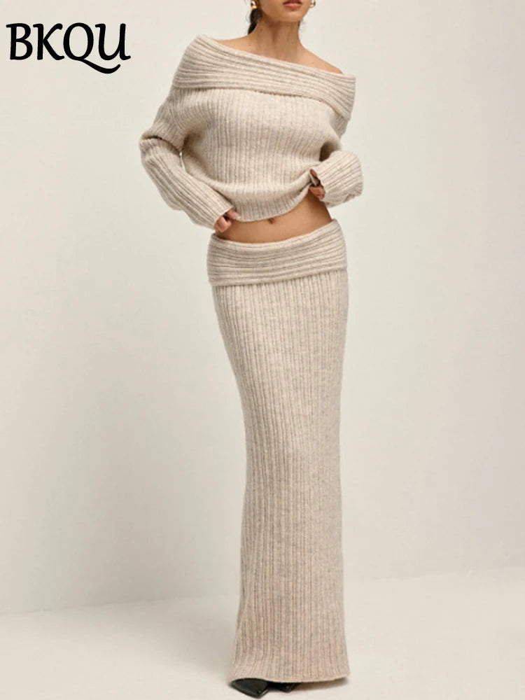 BKQU Knitted Women's Two Pieces Elegant Off Shoulder Sweater Pullover Slim Long Skirt Suit Autumn Winter Party Warm Lady Outfits