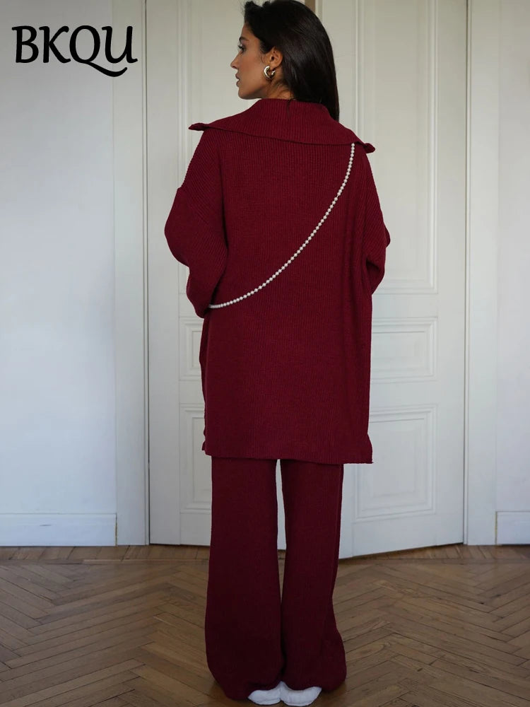 BKQU Fashion Solid Knitted Pants 2 Piece Set Women Casual Lapel Half Zip Pullover Sweater High Waist Wide Leg Pants Ladies Suits