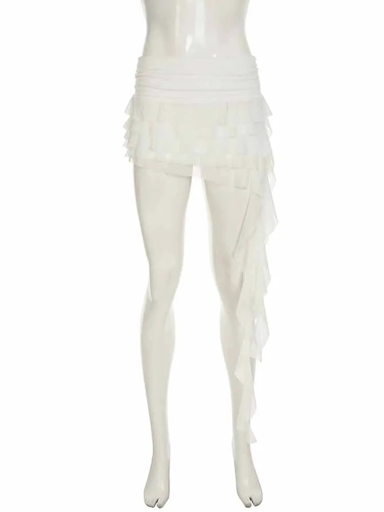 BKQU Ruffles Irregular Tassel Mini Skirts Women Summer Beach Vacation Low Waist Pleated Mesh Skirts With Shorts Lining Y2k Fairy