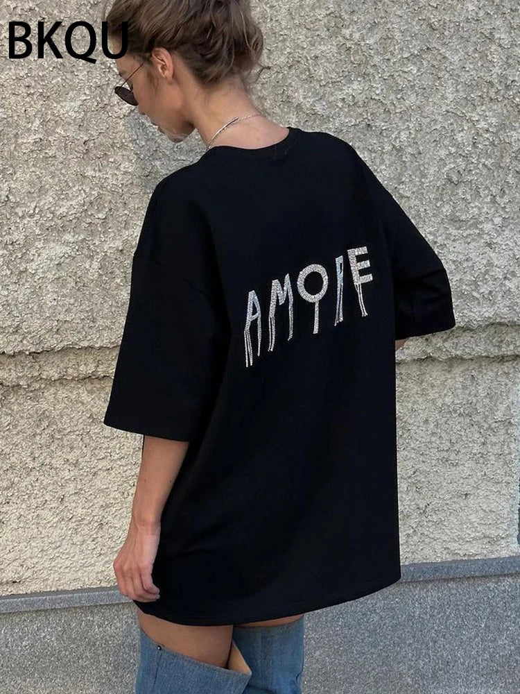 BKQU Women T-Shirts Oversized Short Sleeve Rhinestone Tees Pullovers Fashion Irregular O-Neck Diamond Loose T Shirt Harajuku Top