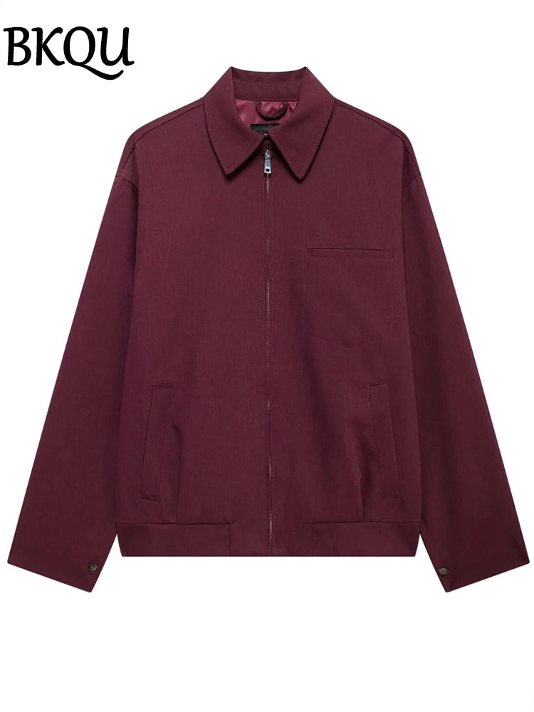 BKQU Fashion Two Piece Sets Women Long Sleeves Zipper Jackets and Tied Lantern Mini Skirt Wine Red Casual Street 2 Piece Outfits