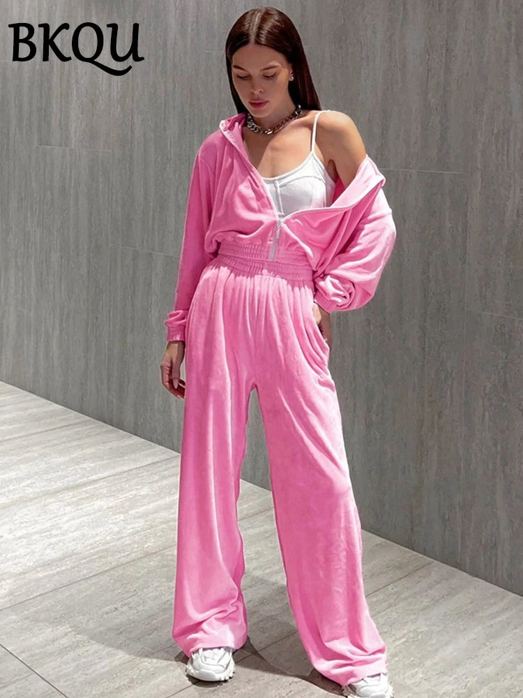 BKQU Casual Solid Velvet Pants Set Women Tracksuit Turn-down Collar Zipper Crop Coat and Wide Leg Pants Two Piece Set 2024