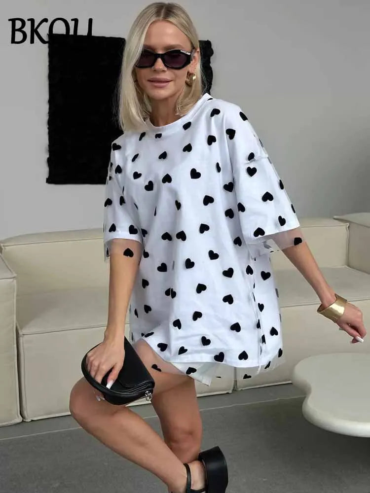 BKQU Sweet Heart Mesh Patchwork T-shirt Women Aesthetic Y2k Clothes Summer Loose Casual O-Neck Short Sleeve Tops Cotton T Shirt