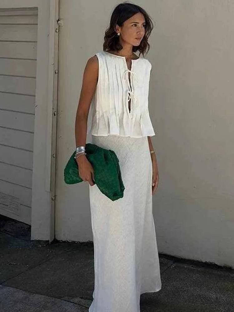 BKQU Linen Lace Up Sleeveless T shirts Women pleated Hollow Out O-neck Bow Crop Tops 2024 Summer Street Casual Female Tank Tops