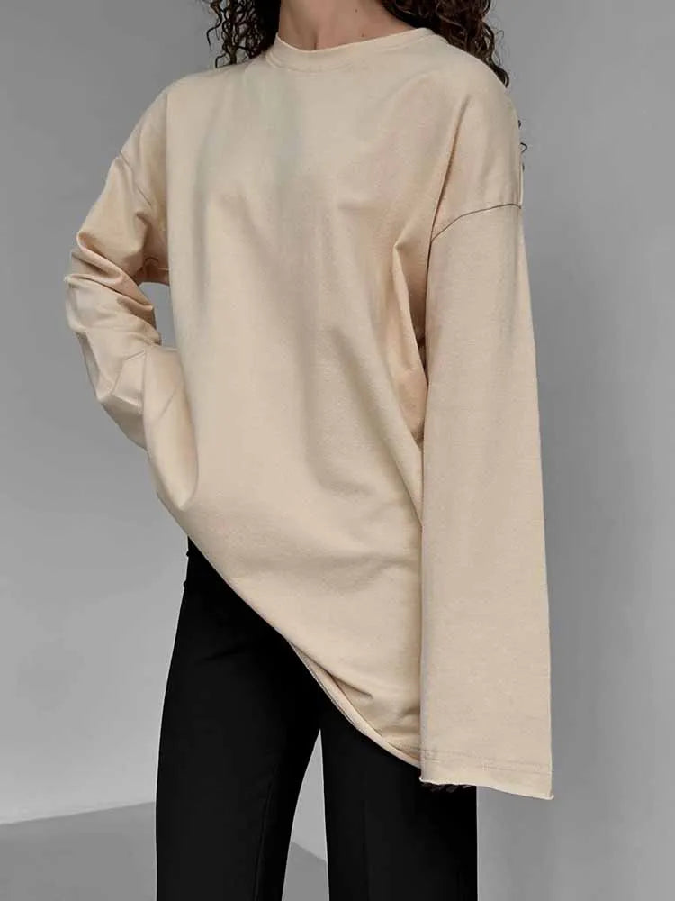 BKQU 100%Cotton T-shirt Women's Classic 2025 Spring O-Neck Long Sleeved Oversize T Shirt Loose Casual Solid Color Pullover Tops