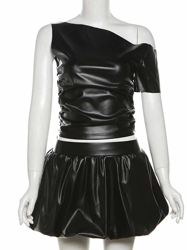 BKQU Pleated Leather Women 2 Piece Set Irregular Off Shoulder Crop Top+Mini Bud Skirts Matching Female Sexy Clubwear Y2k Outfits