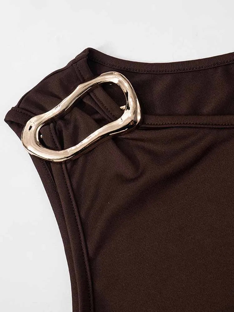 BKQU Casual Pants 2 Piece Set Women Metal Buckle Sleeveless Crop Tops+Ruched Waist Flare Pants Matching 2025 Spring Tracksuits