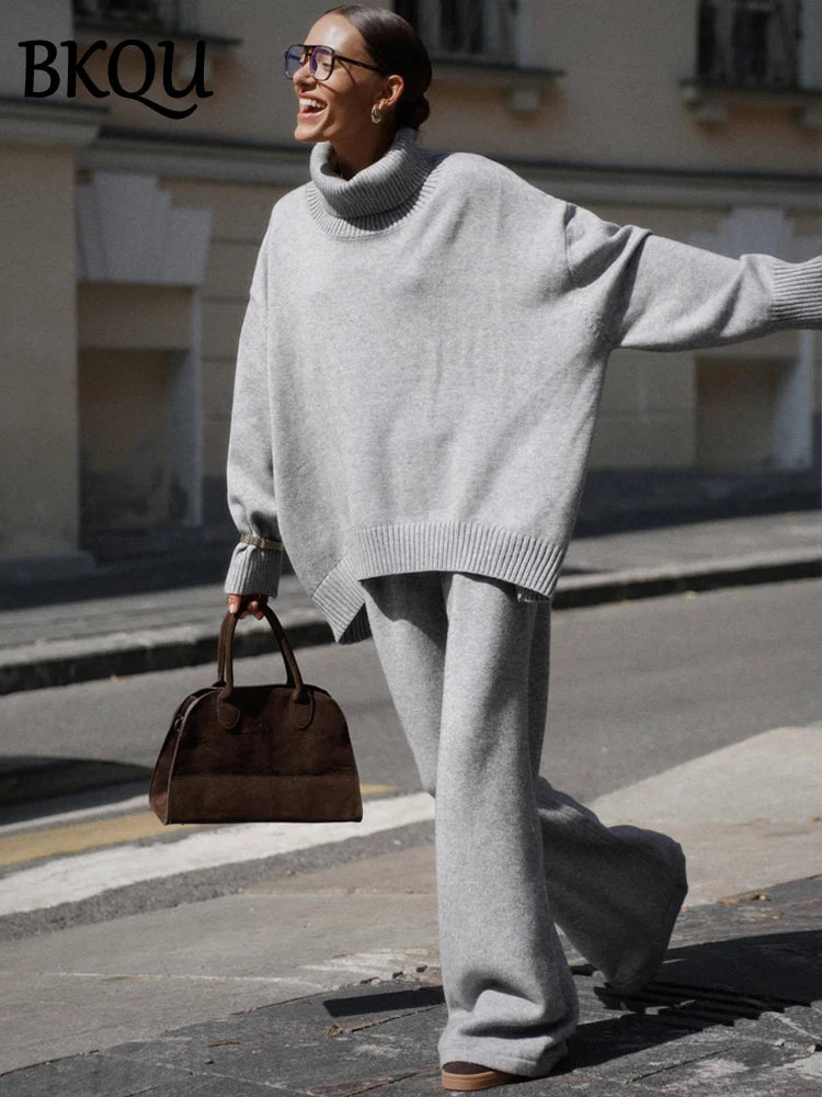 BKQU Casual Turtleneck Sweater Pants Suits Women Knitted Soft Loose Pullover Wide Leg Pants 2 Pieces Sets Autumn Winter Homewear