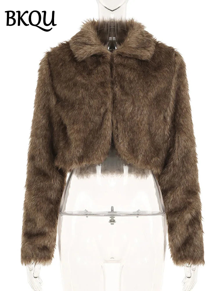 BKQU Leather Splicing Faux Fur 2 Piece Sets Women Autumn Winter Fluffy Warm Lapel Full Sleeve Crop Jacket Low Waist Mini Skirts