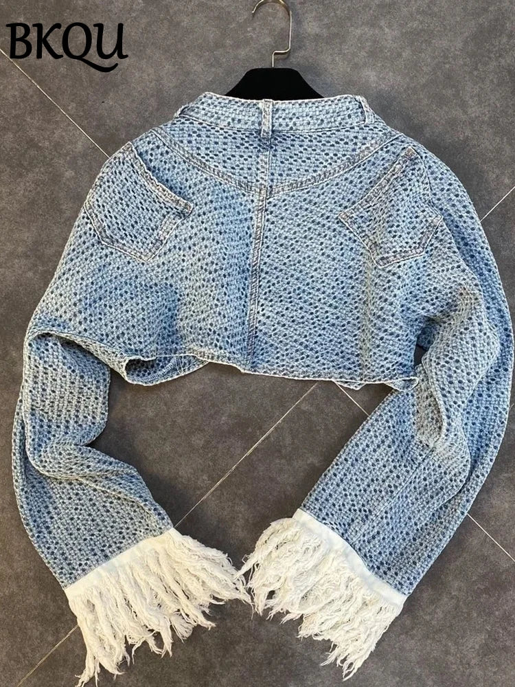 BKQU Autumn Denim Pants Two Piece Sets Women Long Sleeve Tassel Short Jacket and Wide Leg Straight Jeans Matching Set Streetwear