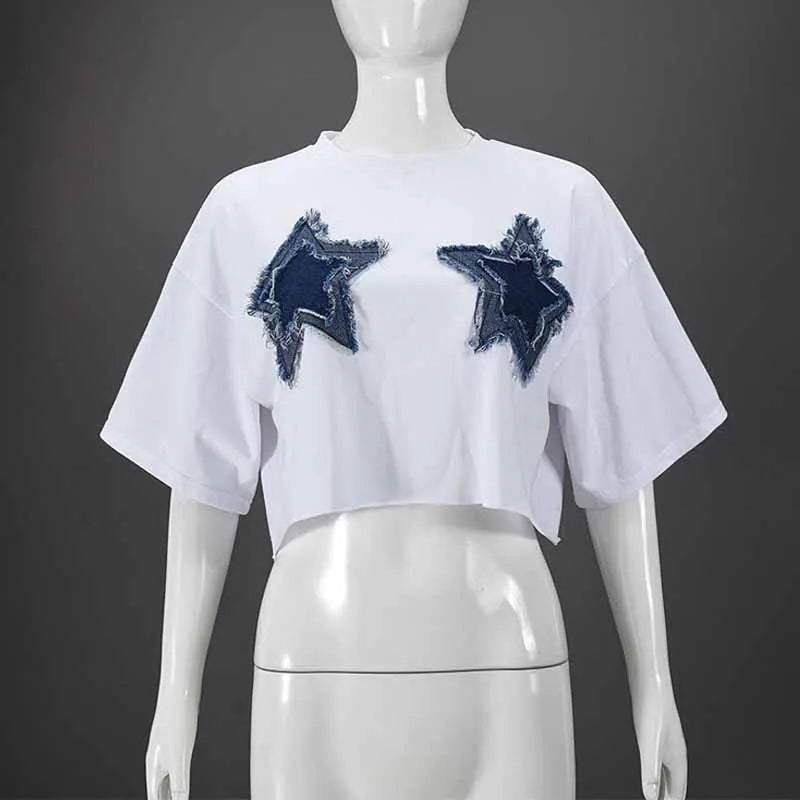 BKQU Casual Y2k Long Sleeve Crew Neck T Shirt Women Fashion Star Graphic Patchwork White Crop Tops 2025 Harajuku Streetwear Tees