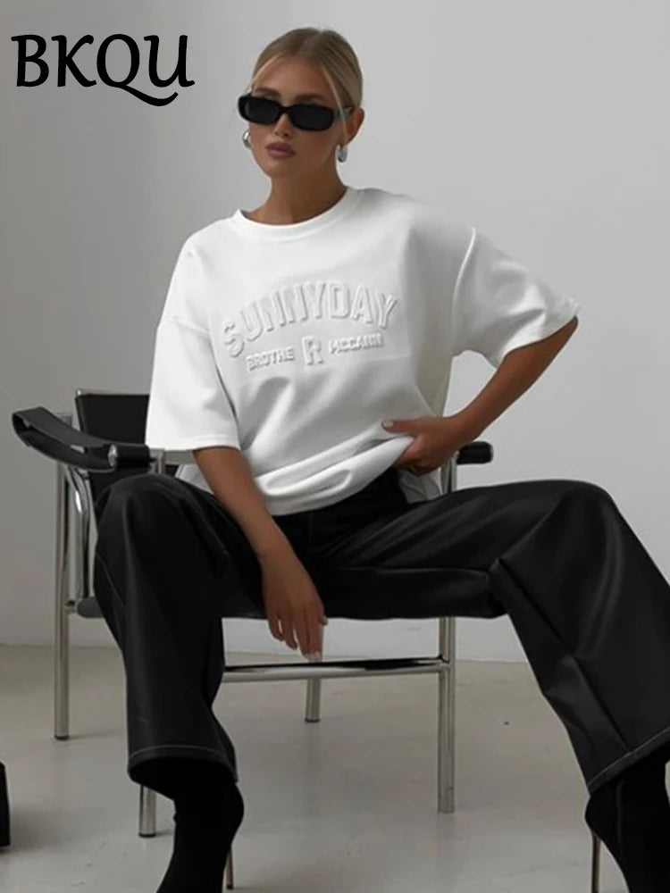 BKQU Womens Letter 3D Steel Printed T Shirt Summer 2024 Fashion Short Sleeve O Neck Cotton Soft Loose Tee Tops Oversized Shirts