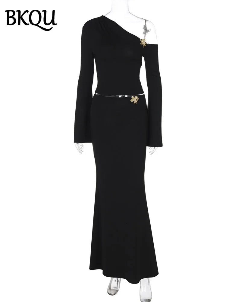 BKQU Metallic Flower Skirt Two Piece Sets Women Sexy Off Shoulder Full Sleeve Crop Top+Ruched Long Skirt Matching Party Outfits