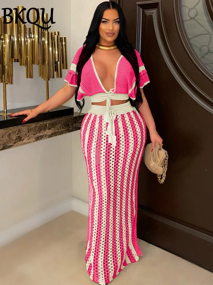 BKQU Striped Knitted Dress Sets Hollow Out Long Skirts With V-Neck Short Sleeve Crop Tops for Women 2024 Summer Vacation Outfits
