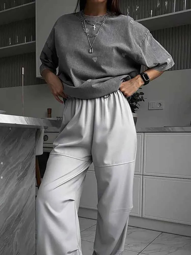 BKQU 100% Cotton Washed T-Shirts Loose Rhinestone Heart Women Summer Fashion O-Neck Short Sleeve Tees Y2k Female Vintage Clothes