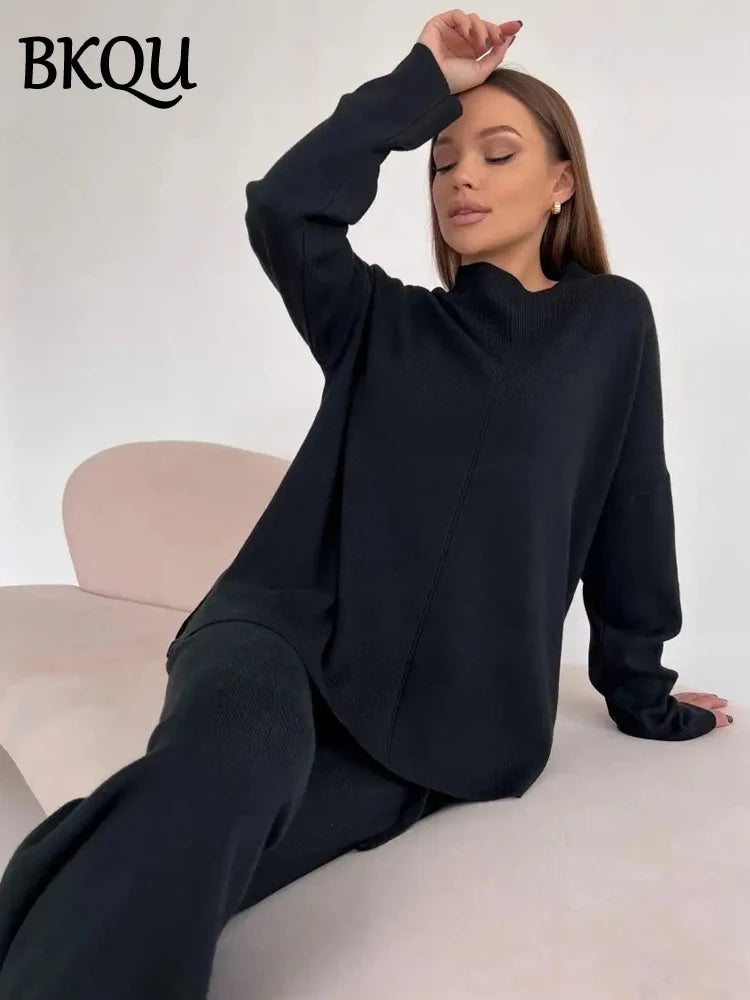 BKQU Casual Split Long Sleeve Sweater Pants Suits Women's Knitted Two Piece Sets Loose Soft Winter Female Commuting Outfits 2025