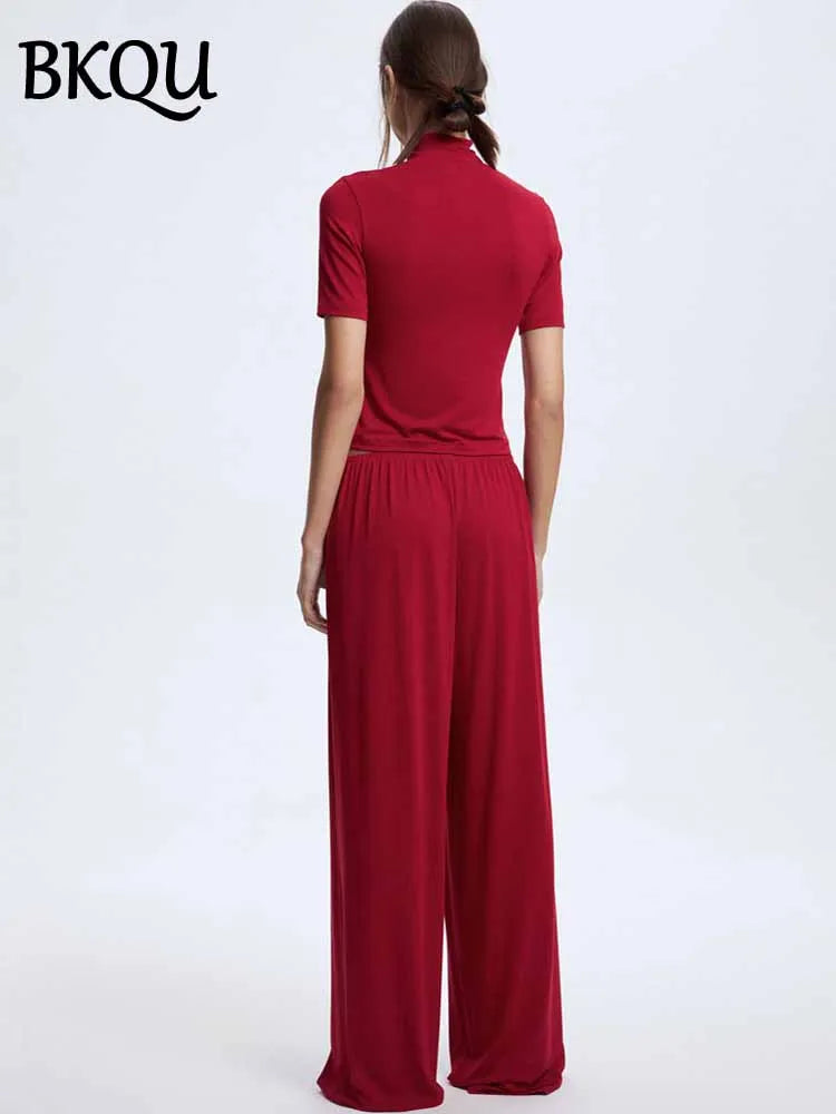 BKQU Women 2 Pieces Pant Sets Loungewear Modal Soft Short Sleeve Crop Tops and Elastic Wide Leg Pants Outfits Sleepwear Homewear