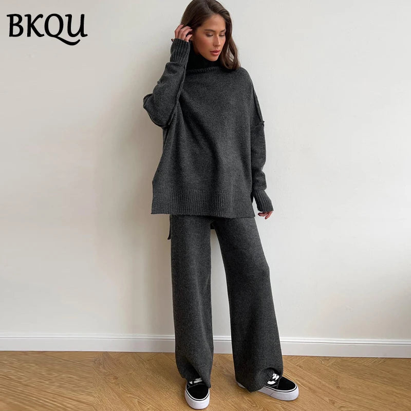 BKQU Women's Knitted Two Piece Pants Set 2024 Autumn Winter Turtleneck Sweater and Wide Leg Long Pants Matching Homewear Suits