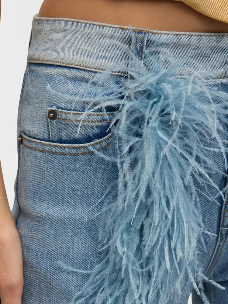 BKQU Feather Spliced Washed Jeans Women Baggy Wide Leg Denim Pants Y2K High Waist Fashion Streetwear 2025 Straight Jean Trousers