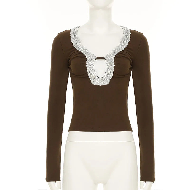 BKQU V-neck Hollow Out Sequins Patchwork Sexy T-Shirt Women Long Sleeve Ruched Bodycon Y2k Aesthetic Crop Top Korean Streetwear