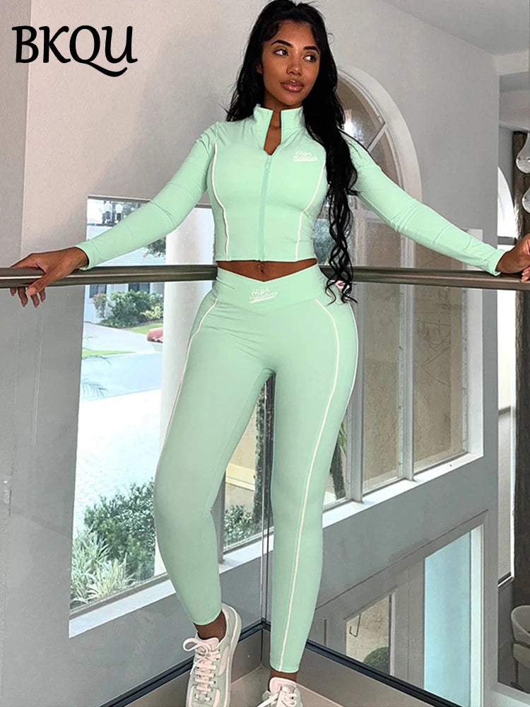BKQU Patchwork Tracksuit Women 2 Piece Sets Casual Long Sleeve Zip Crop Tops High Waist Leggings Matching Skinny Pants Suit 2024