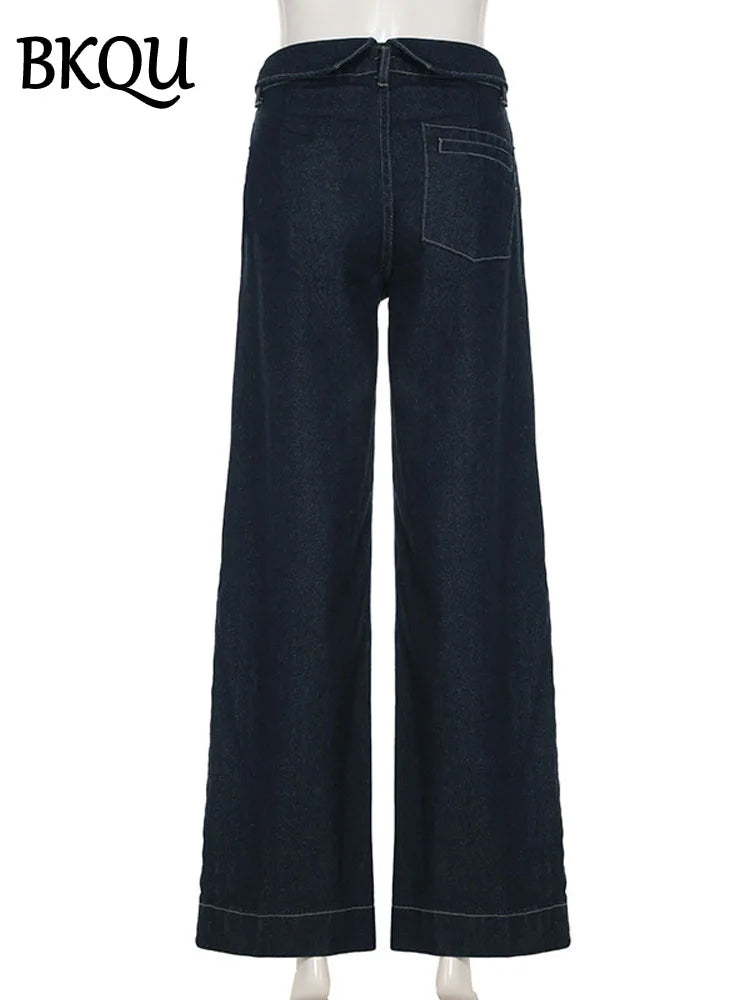 BKQU Straight Jeans Women Streetwear Y2k Fold High Waist Baggy Casual Wide Leg Harajuku Denim Trouser Vintage Grunge Jeans Pants