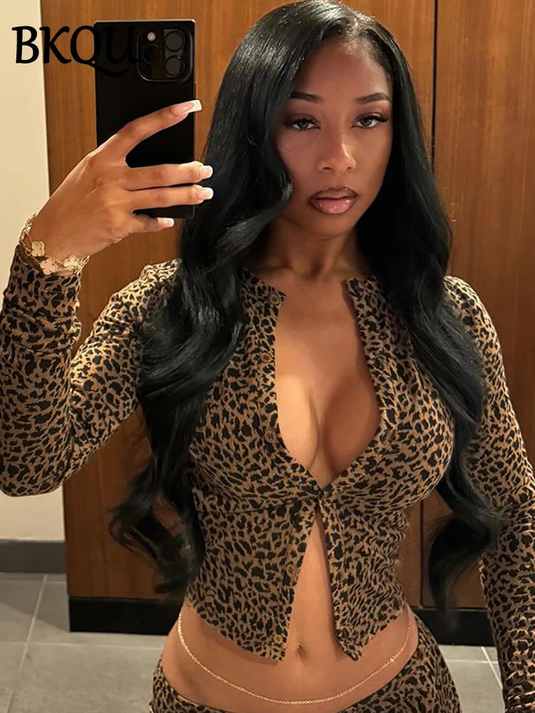 BKQU Leopard Print 2 Piece Set Women Long-Sleeved Button Crop Top High Waist Leggings Stretch Sexy Midnight Club Matching Suits
