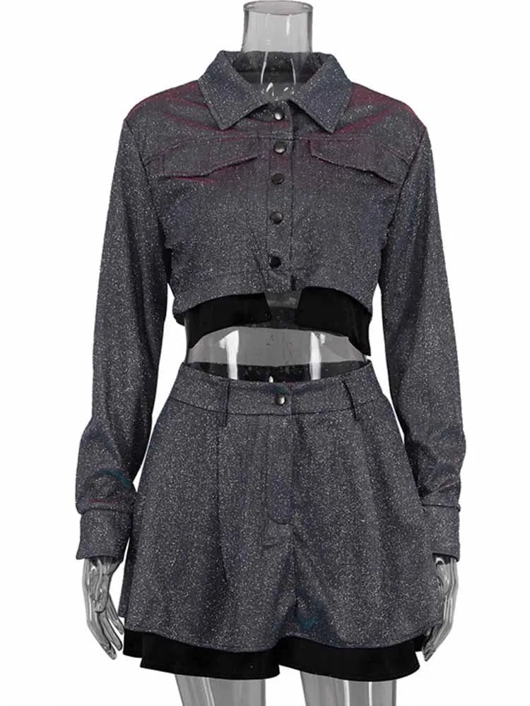 BKQU Glitter Party Women Two Piece Set Long Sleeve Single Breasted Crop Jacket High Waist A-Line Mini Skirts Female Chic Outfits