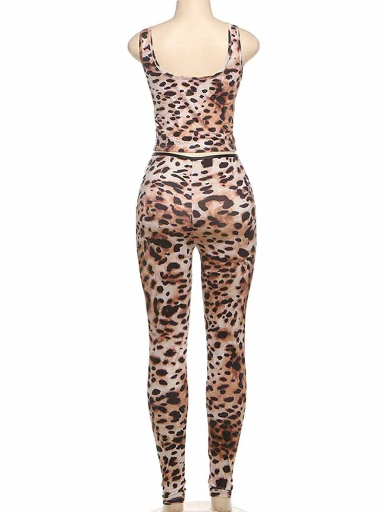 BKQU Leopard Print Casual 2 Piece Set Women Sporty Camisole Vest High Waist Leggings Pants Matching Stretch Tracksuits Outfits