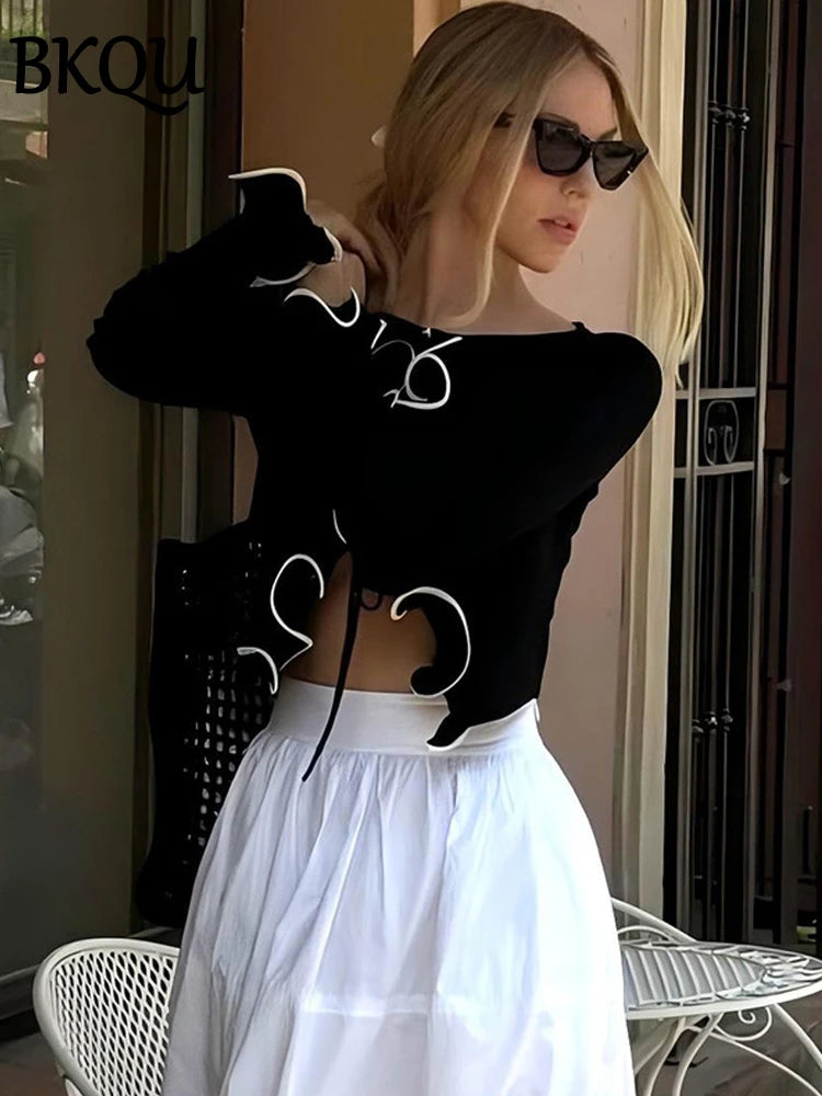 BKQU Elegant Lace Up Cardigan Women Black White Patchwork Long Sleeve Ruffled Slim T-Shirt Hollow Out Sexy Club Party Crop Tops