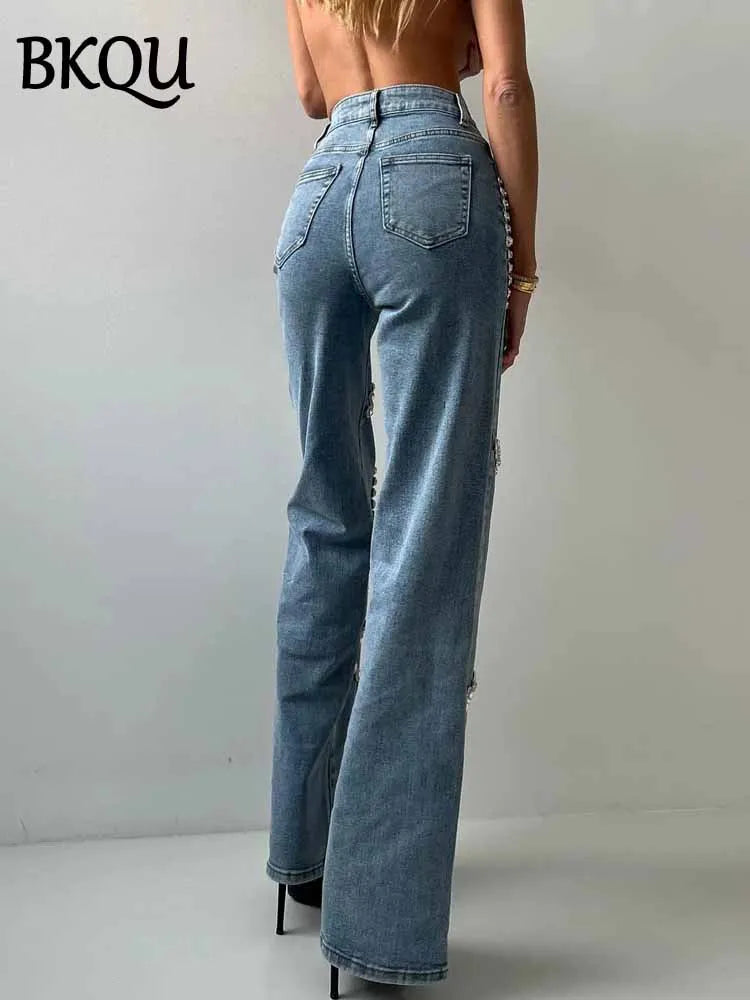 BKQU Rhinestone Straight Jeans Women 2025 Spring New Trendy Loose High Waist Denim Pants Chic Surround Diamond Y2k Unique Jeans