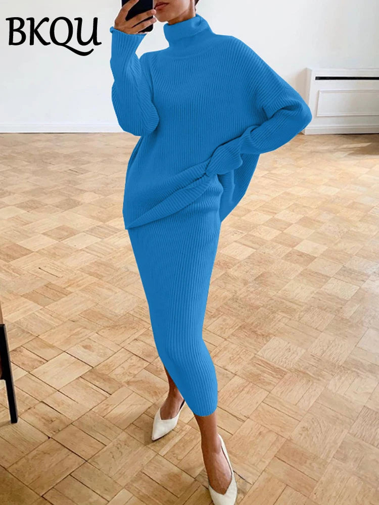 BKQU Knitted Dress Sets Women Loose Turtleneck Sweater Pullover And High Waist Long Skirt Two-Piece Set 2024 Fall Winter Outfits